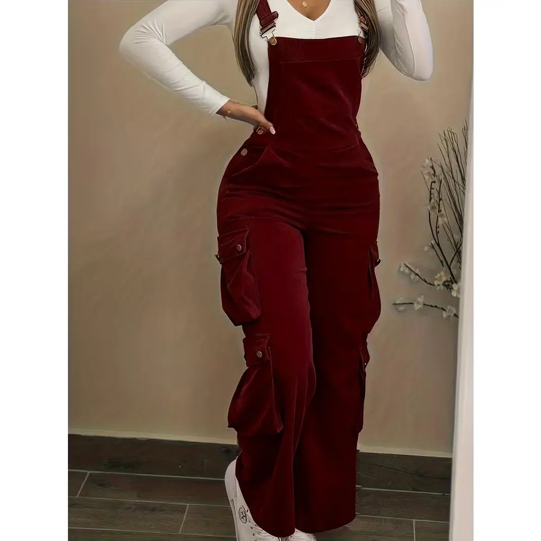 Women's Vintage Corduroy Overalls Jumpsuit, Straight-Leg Cargo Trousers with Multiple Pockets for Casual Wear, Trouser, Lady, Full Length, Multi Pockets Keep You Ready, Basic, Retro Cargo Vibe With Modern Polish