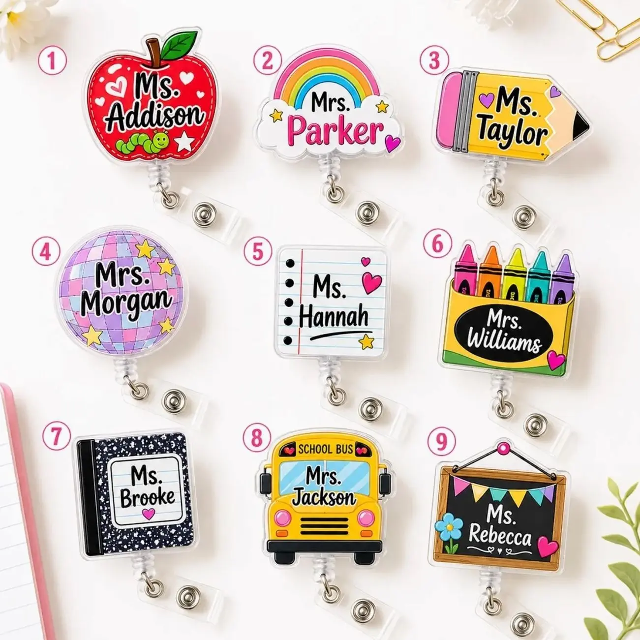 Personalized Teacher Badge Reel, Custom Pencil Badge Holder, Retractable Nurse ID Reel, Teacher Name Badge Clip, Back To School Badge Reel