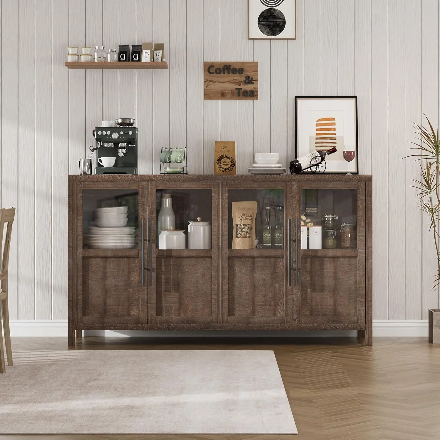 Brown Sturdy Engineered Wood Sideboard Cabinet - Narrow, Waterproof Surface, Stable Base, 4 Glass Doors & Sliding Door, 55.11x15.75x33.86in Buffet Table, Compartmentalized Corner Organizer Dining Room Furniture, Narrow Form, Supports 200Lbs