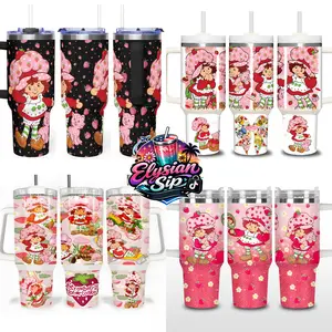 [Collection] Elysian Sip - Strawberry Shortcake Cartoon Series 40oz Tumbler High-Quality Insulated Tumbler, Cute Dessert Theme Tumbler With Handle, Cartoon Lover Gift Tumbler, Leakproof Travel Mug.