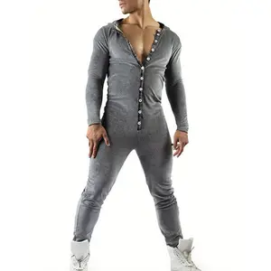 Casual Men Bodysuit, Long Sleeve Rabbit Ears Hooded Button Collar Long Trousers Openable Hip for Autumn