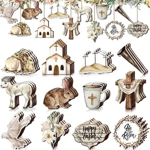 36 Pcs Vintage Easter Tree Decorations Religious Easter Ornaments for Tree He is Risen Cross Wooden Hanging Ornaments Eggs Bunny Wreath for Small Craft Home Party Decor