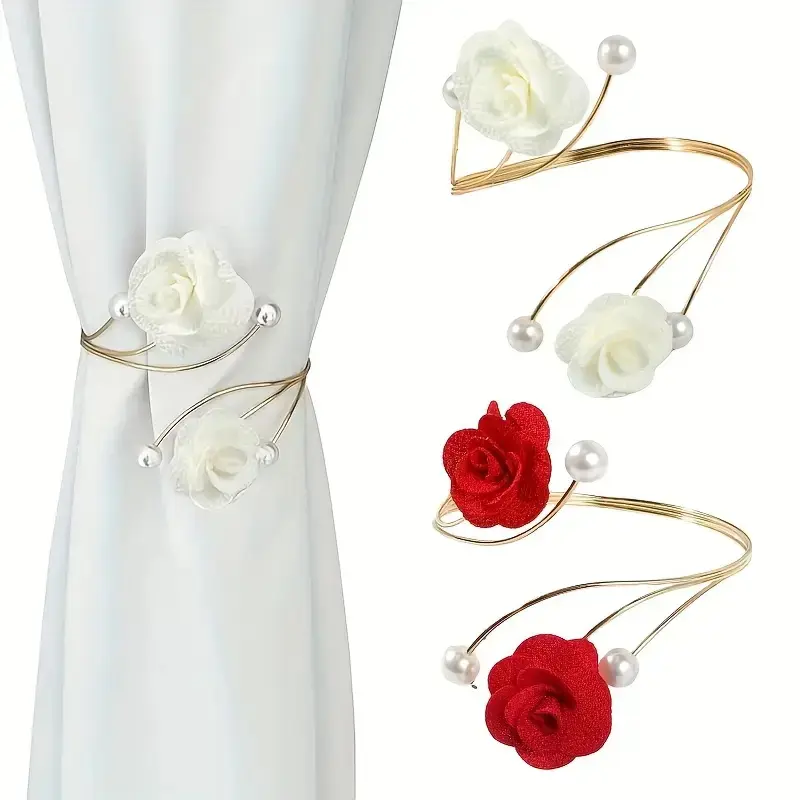 2pcs Rose Pattern Curtain Tiebacks, Metal & Polyester Floral Curtain Clips, Adjustable Size, Ideal for Various Curtains Decoration, Window Curtain, Window Decorations Supplies, Interior Decoration Accessories