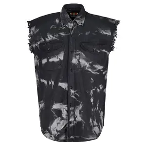 BIKER WEAR USA 100% Cotton Denim Shirt- Sleeveless Shirt with Pockets & Cut-Off Sleeves