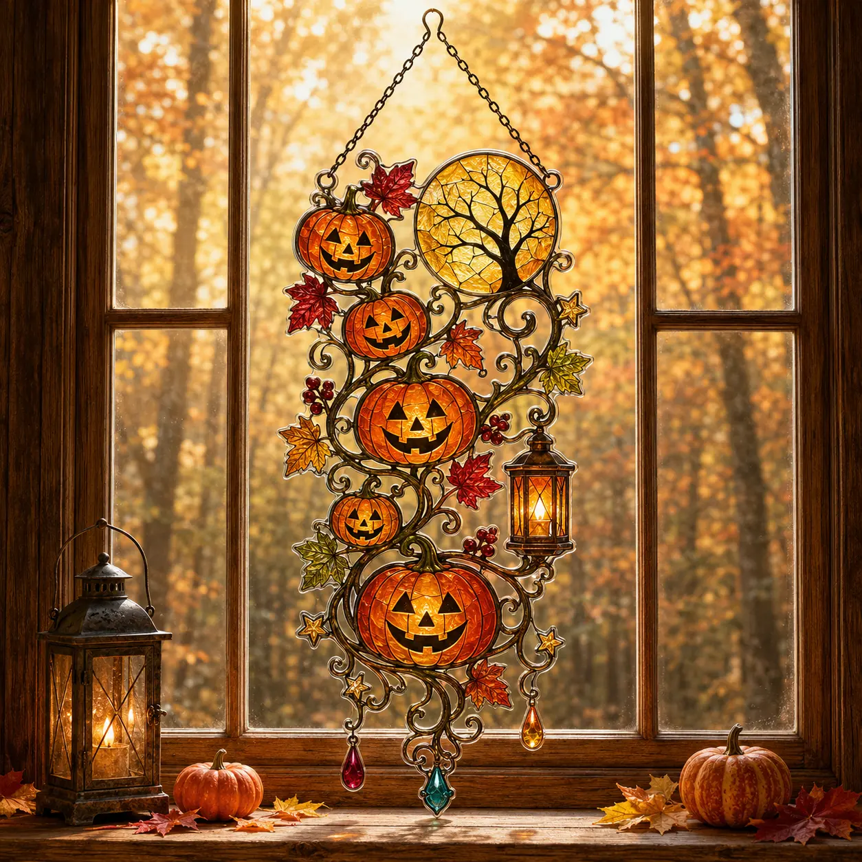 Halloween Pumpkin Lantern Acrylic Suncatcher, Faux Stained Glass Window Hanging, Jack O Lantern Fall Home Decor