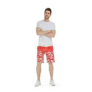 Men Hawaiian Board Shorts in Vintage Hibiscus Red
