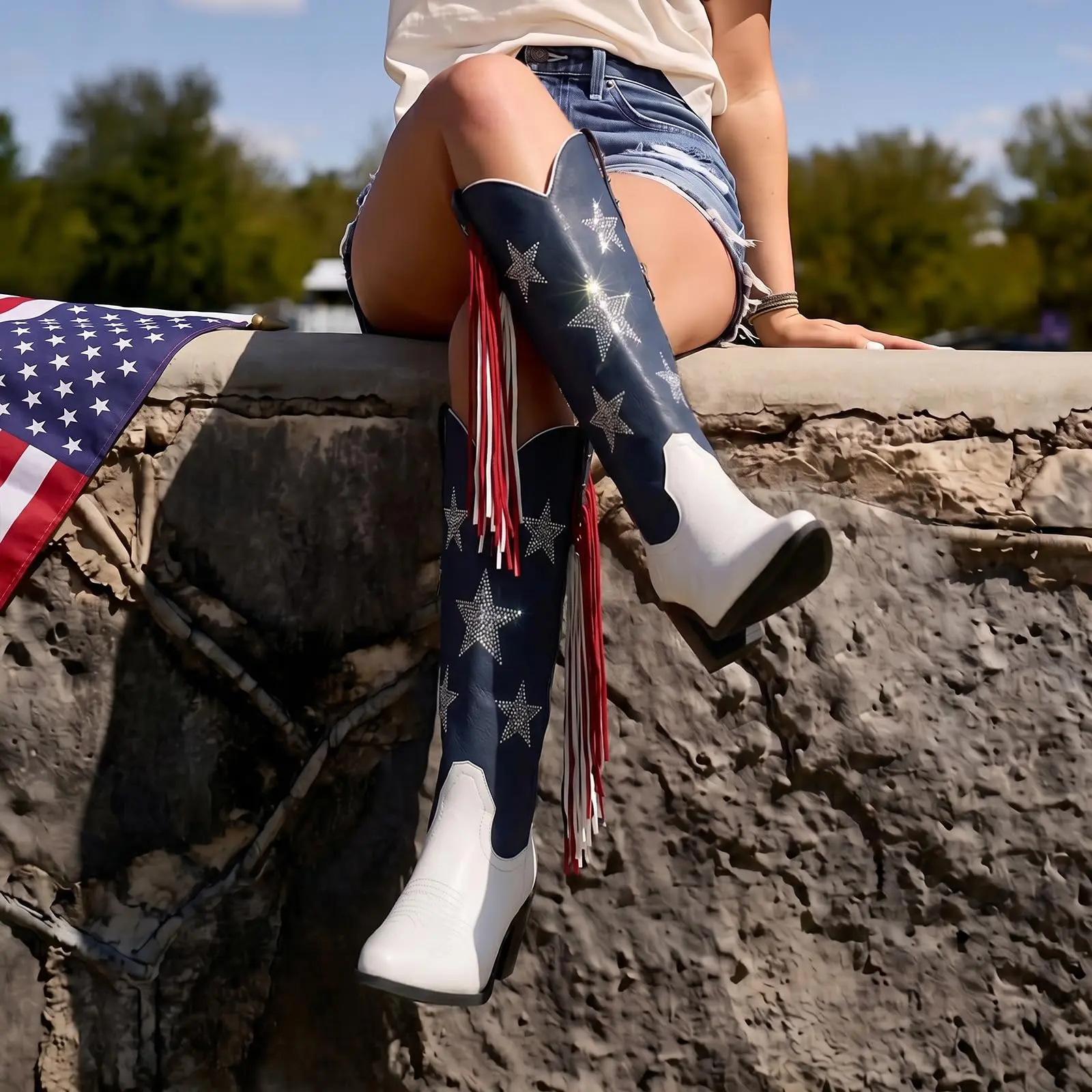 Rhinestone Cowboy Boots for Women With Fringe - Patriotic Game Day Outfits, Western Rodeo Country Music Festival Boots, American Flag Palette Pointed Toe Chunky Heel