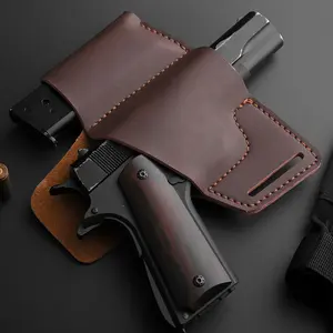 OWB Hanging Leather Gun Holster, Multi-Functional with Storage Magazine Pouch, Suitable for Various Gun Models, 1911, G17-G19, etc., Hunting Shooting, Daily Training