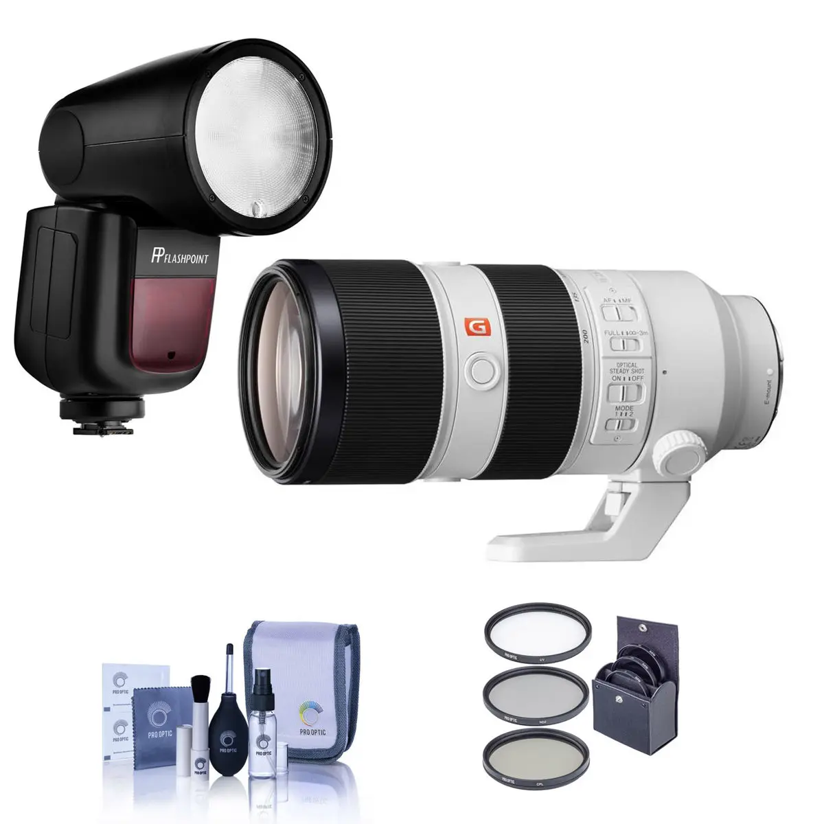 Sony FE 70-200mm f/2.8 GM OSS Lens for Sony E, Bundle with Flashpoint Zoom Li-on X R2 TTL Flash, 77mm Filter Kit, Cleaning Kit
