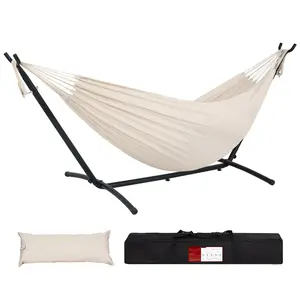 Hammock with Stand for Outside, Heavy Duty Space Saving Steel Stand with 500 lb Capacity,Double Hammock with Portable Carrying Bag, Patio,Yard, Beige