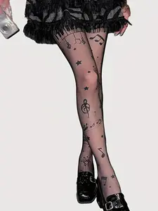 Sweet Note Socks Pantyhose, Plus Size Women's Thin Socks, Womenswear, Sexy Fashion Versatile, Print, Daily Wear, Tight Fit, Fitted, Spring Autumn Style