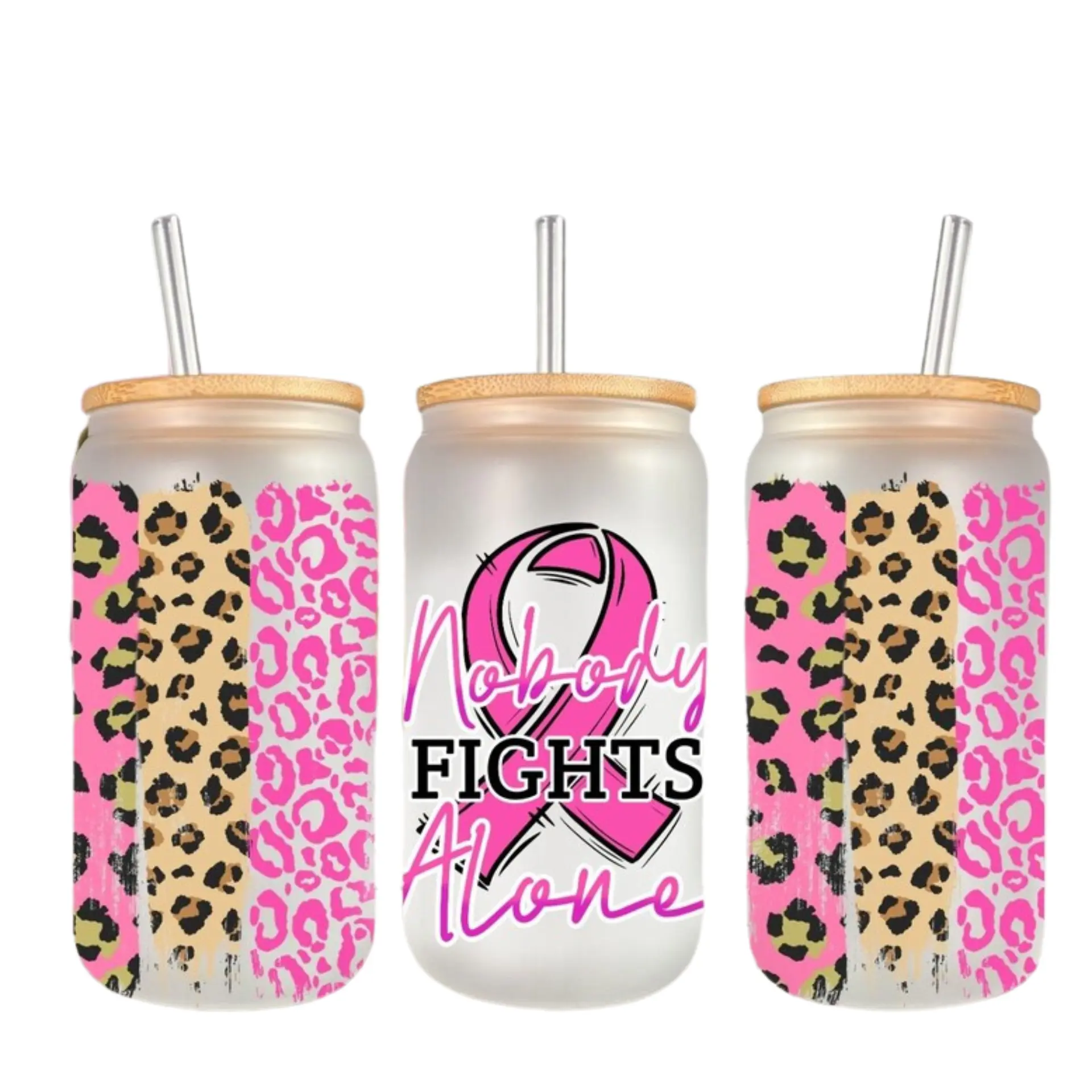 No One Fights Alone: Beautiful 16oz Frosted Glass Tumbler for Breast Cancer Warriors With Free First Name Personalization.  Includes Lid, ECO-Friendly Straw Glass Bottle Drinkware