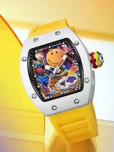 Trendy Smiley Hollow Out Wine Barrel Sports Glow-In-The-Dark Waterproof Quartz Watch, Fashionable Watches, Analog Button Cell Battery, Batteries Included