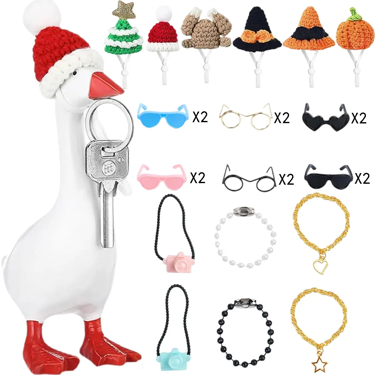 12 Pcs Mini Knitted Hats with 12 Sunglasses 7 Inch Desk Goose Outfits Hat with Adjustable Strap for Desktop Goose Magnetic Goose Key Holder Cute Desk Goose Clothes Home Decor Perfect Housewarming Gift