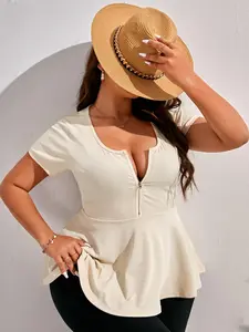 Plus Size Solid Peplum Zipper Square Neck Jersey Tee Top, Casual Chic Short Sleeve T-shirt for Summer, Women's Plus Clothing for Daily Wear