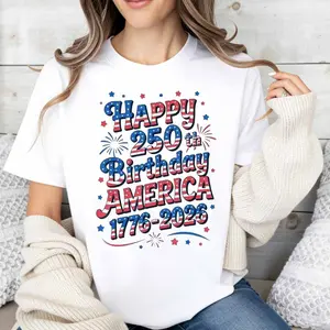Patriotic Style Women's T-Shirt Happy 250th Birthday America 1776-2026 Design For Independence Day Celebration Summer And National Holidays Gift For Family And Friends