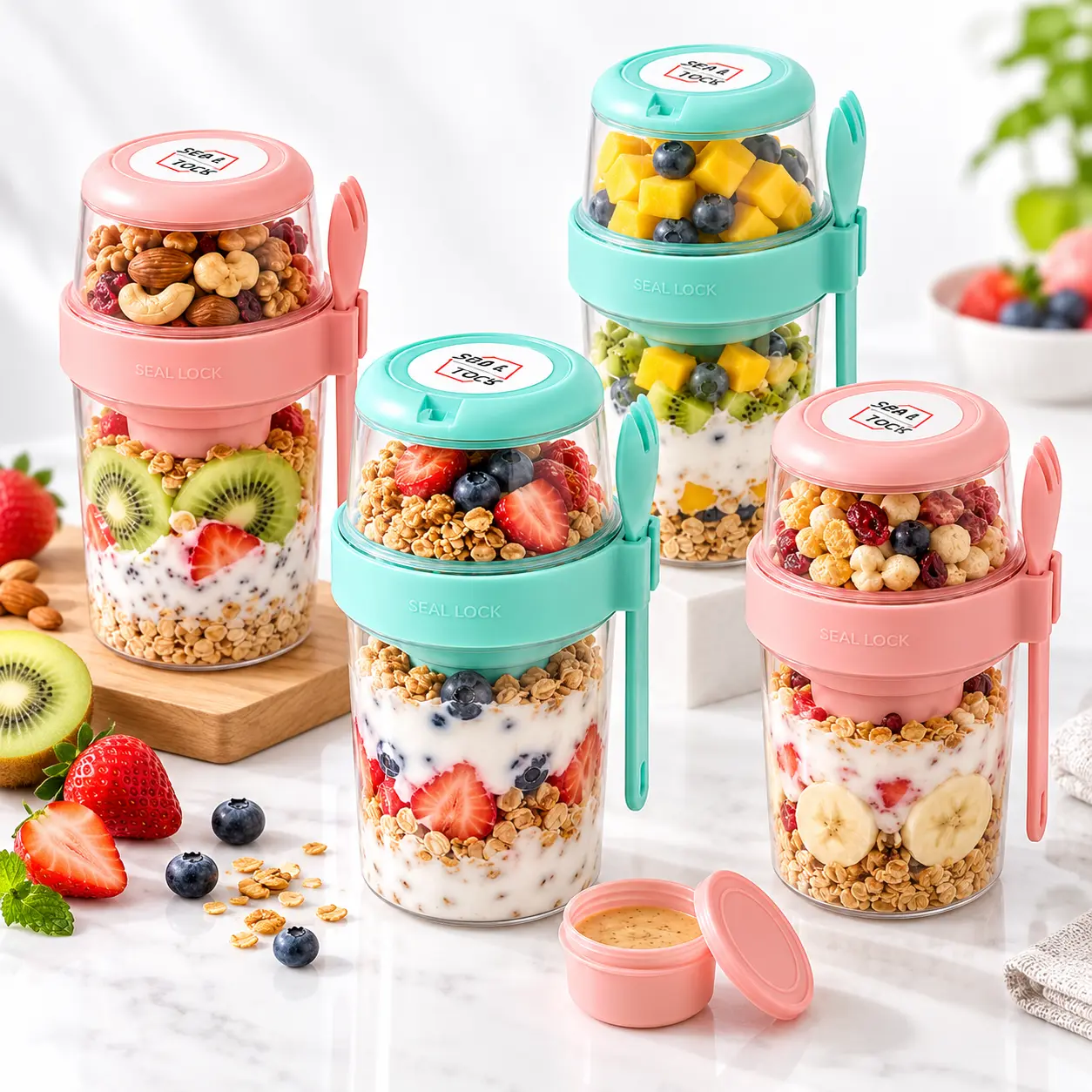 AISOON 4-Pack Kitchen Accessories Storage Containers Set - BPA-Free Airtight Overnight Oats Holders, 2 Detachable Layers Leakproof 870ml Yogurt Parfait Cups with Lids, Fork & Dressing Cup for Food Prep, Work