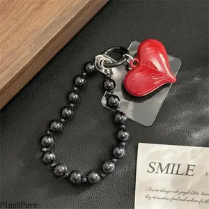 1-Pack Handcrafted Red Large Heart Black Beaded Phone Lanyard Stylish Keychain Perfect for Phones Keys Ideal Birthday Christmas New Year Gift