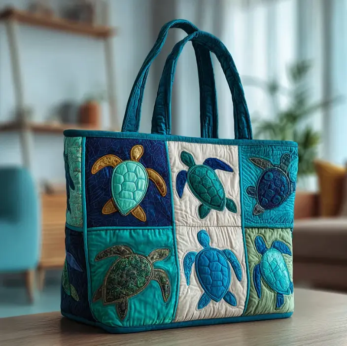 Women Quilted Tote Bag, Sea Turtle Patchwork Block Print Shoulder Handbag, Large Capacity Ocean Animal Shopping Bag, Coastal Turtle Grid Art Tote Purse for Daily Grocery Beach Travel