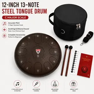 12 Inch 13 Note C Major Scale Steel Tongue Drum | Full Set with Carry Bag, Mallets & Music Book, Beginner Meditation Percussion Instrument
