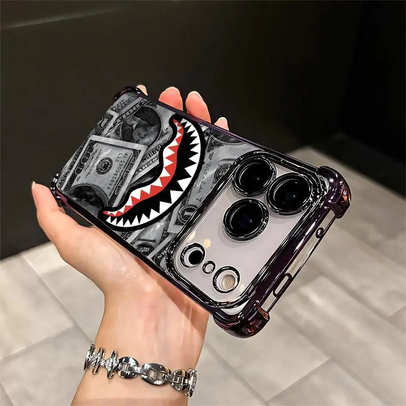 Flex Harder with This Shark Bite Just Leveled Up with This Shark & Money Case For IPhone 17 16 15 14 13 12 11 PRO PLUS MAX AIR Four-corner Drop-proof Transparent Casual Soft Silicone patternfull protection case floral pattern Mo,Halloween,Horror,Character