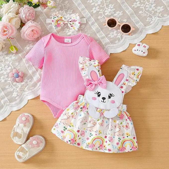 Baby Girl Romper Outfit Set Ribbed Short Sleeve Romper Suspender Skirt with Applique Bib and Headband 3 Piece