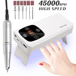 2 in 1 Nail Drill and UV LED Nail Lamp, 45000RPM Electric Nail Drill Machine, Rechargeable Nail File with Gel Nail Dryer, Portable Nail Art Tool for Gel Polish, Acrylic Nails, Manicure and Pedicure Home Salon Use