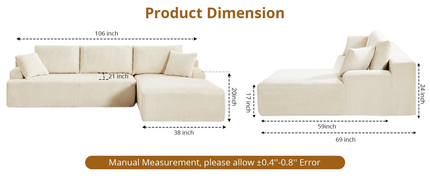 【GARVEE】Discover the 106" Modular Sectional Sofa: a luxurious L-shaped couch featuring a chaise lounge and convertible compression sleeper, crafted from soft corduroy fabric, perfect for any living room or bedroom.