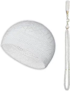 Kufi Hats for Men - Prayer Cap, Handicraft Taqiyah, Muslim Tasbih 99 Beads, Prayer Beads
