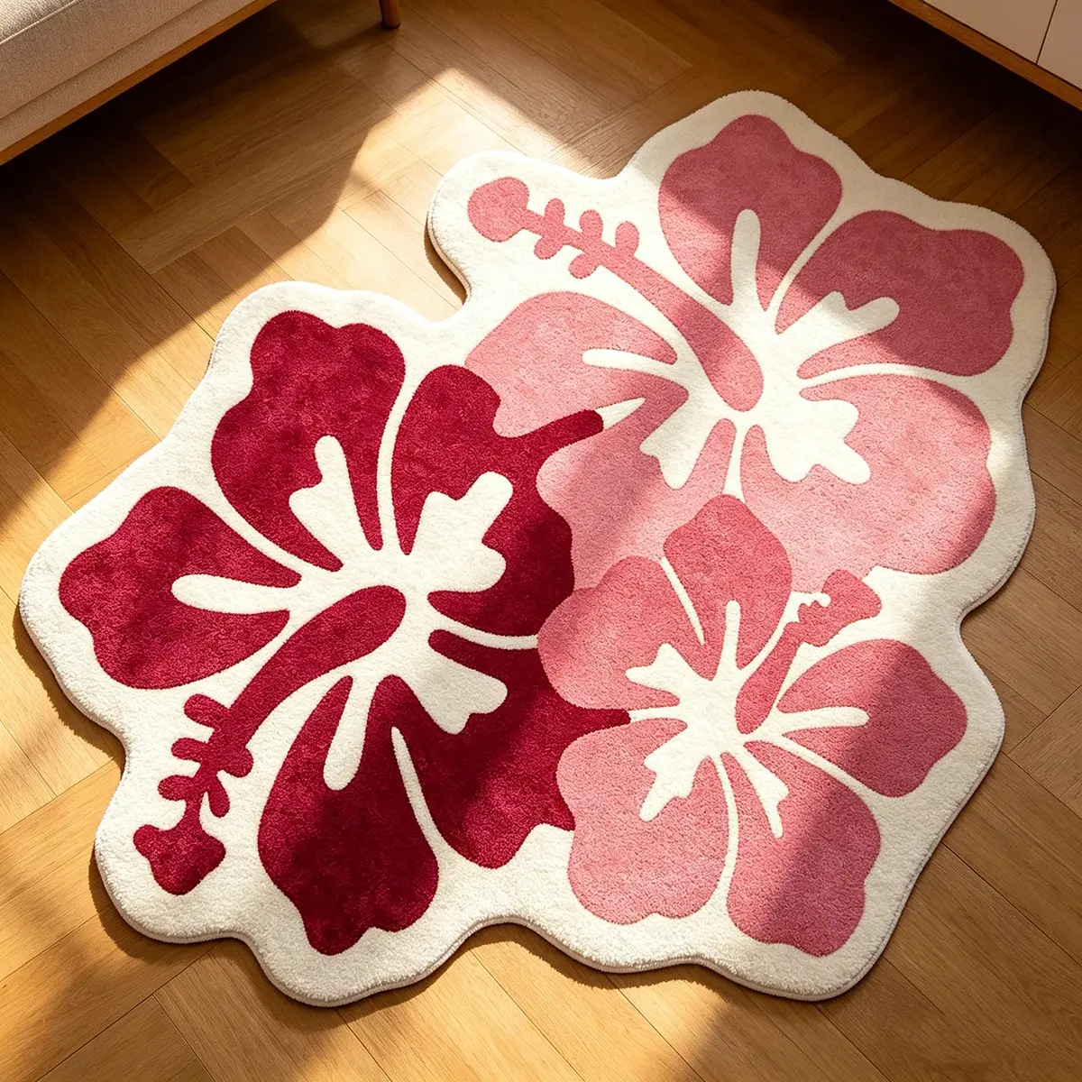 Hibiscus Shape Floral Area Rug, French Vintage Bedroom Bedside Mat, Bohemian Living Room Sofa Carpet, Non-Slip Durable Balcony Decor Floor Mat, Home Decor Rug, Flower Rugs