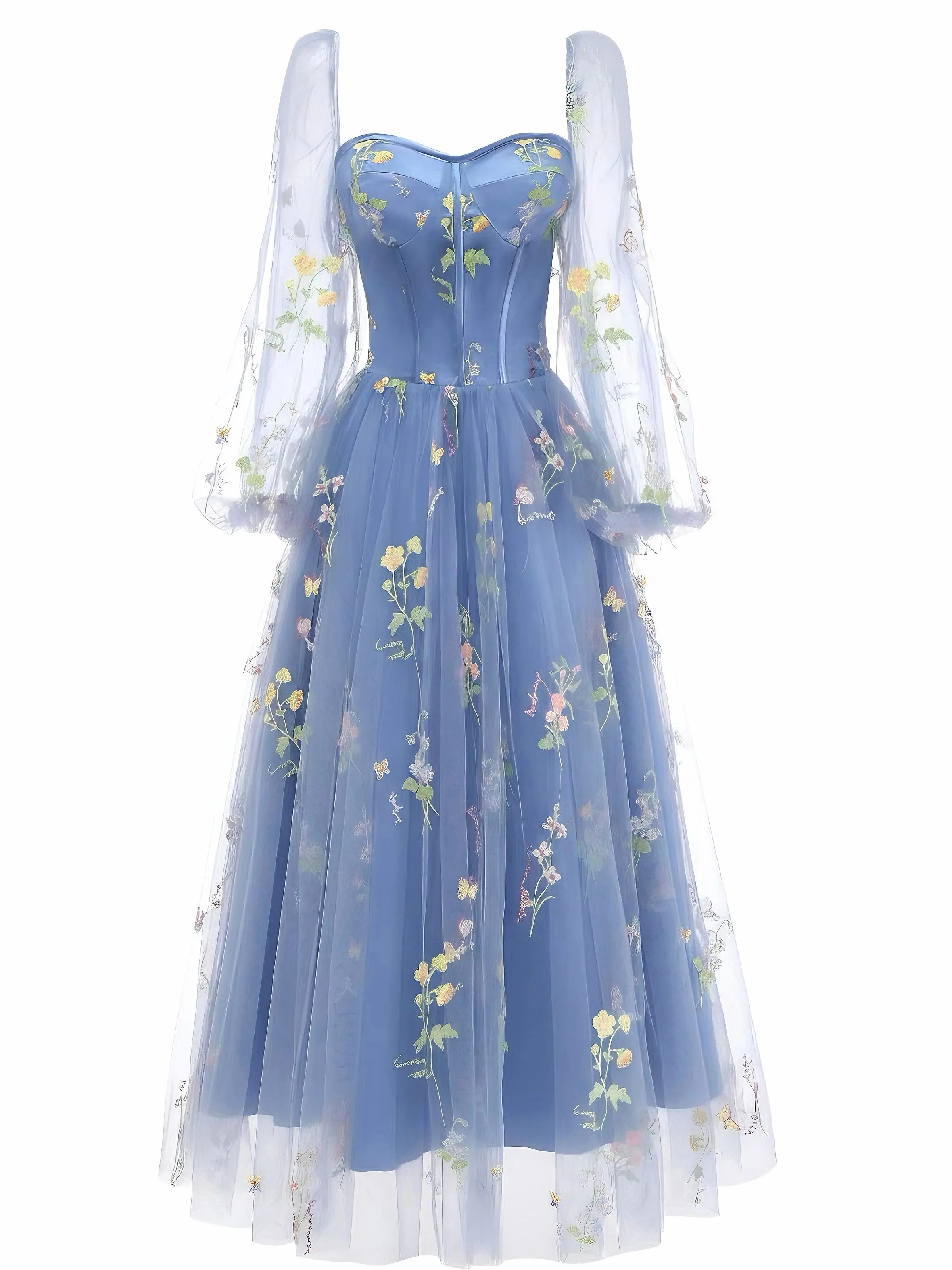 Blue 1930s Floral Embroidered Mesh Long Sleeve Dresssummer dresses vacation outfits Fitted Womenswear Wedding Guest Dress Fall Wedding Guest Outfit BackToSchool