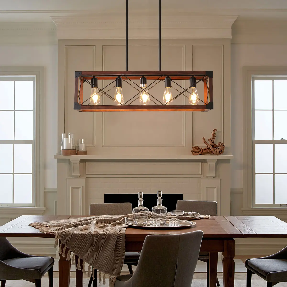 32" Red Wood Industrial Farmhouse Rectangle Pendant Light, 5-Light Chandelier for Dining Room, Kitchen Island, Cafe Decor (No Bulbs)