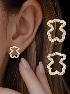 Sparkly CZ Bear Stud Fashion Earrings 18K Gold Plated Stainless Steel, Hypoallergenic Cute Animal Silhouette Jewelry for Women, Valentine's Day Carnival Mother's Day Gift, Daily Holiday Party Sport Versatile Accessory