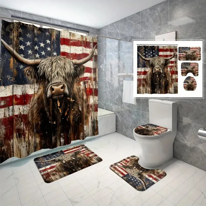 1/4pcs Highland cattle and American flag pattern Waterproof Shower Curtain set, non-slip floor mat, U-shaped carpet, toilet lid cover, perfect for bathroom decoration, partition, beautify the space, 12 shower curtain hooks are included