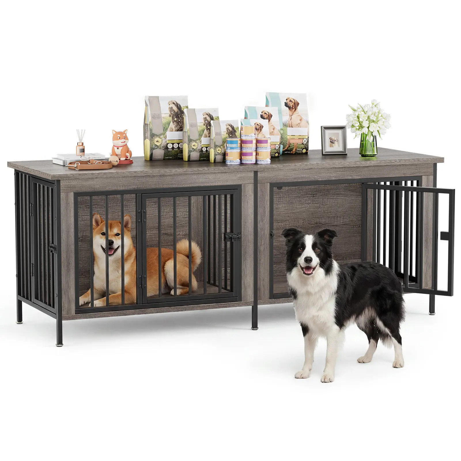 Dual-Compartment Dog Crate with Removable Divider – Use as TV Stand or Side Table. Farmhouse Design, Double-Lock Doors, Heavy Duty. Perfect for Small, Medium & Large Breeds.