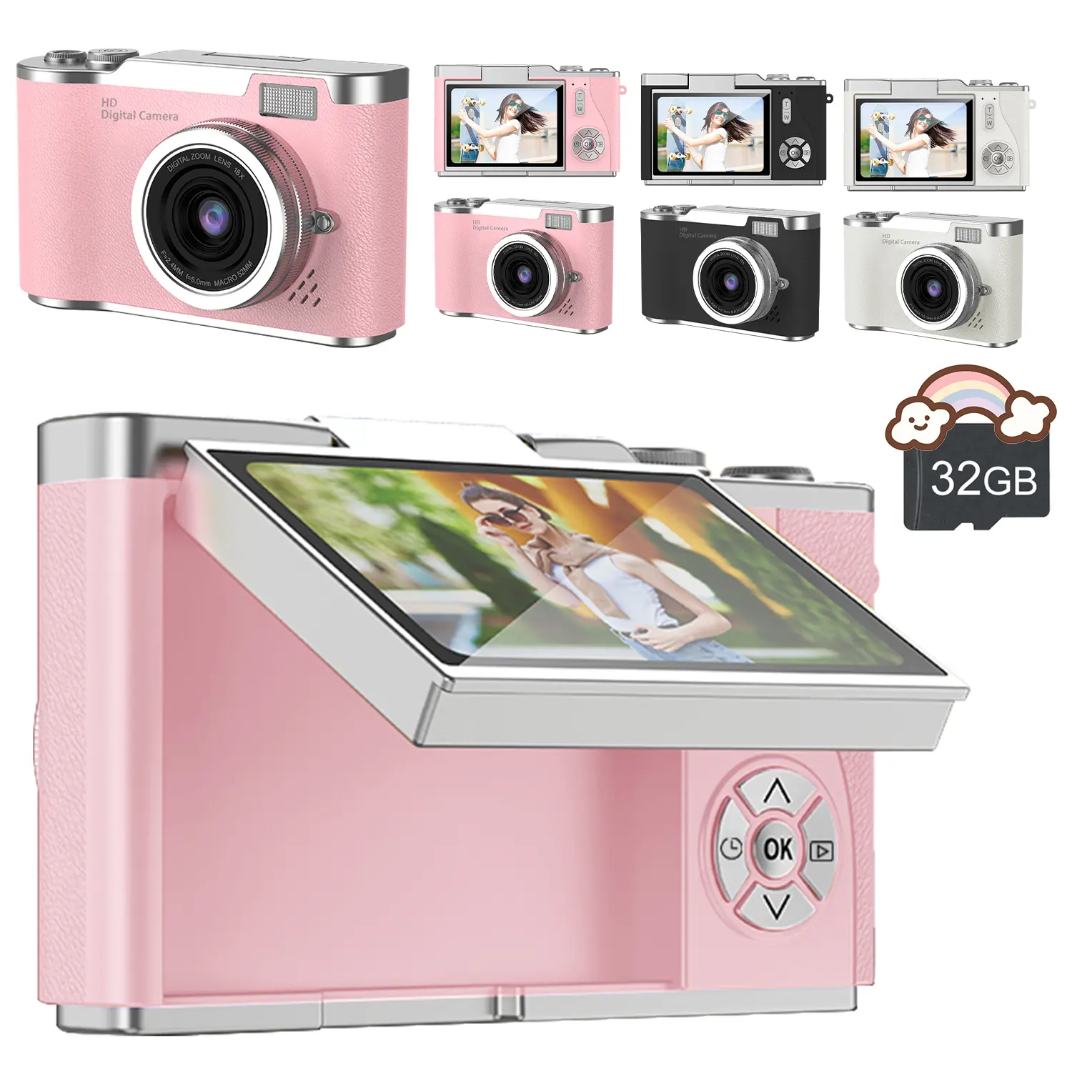 Digital Camera,Autofocus Vlogging Camera for Photography with 32GB Card, Portable Compact Point and Shoot Digital Camera for Teens Adult Beginner with Zoom,Anti-Shake, Batteries(White)