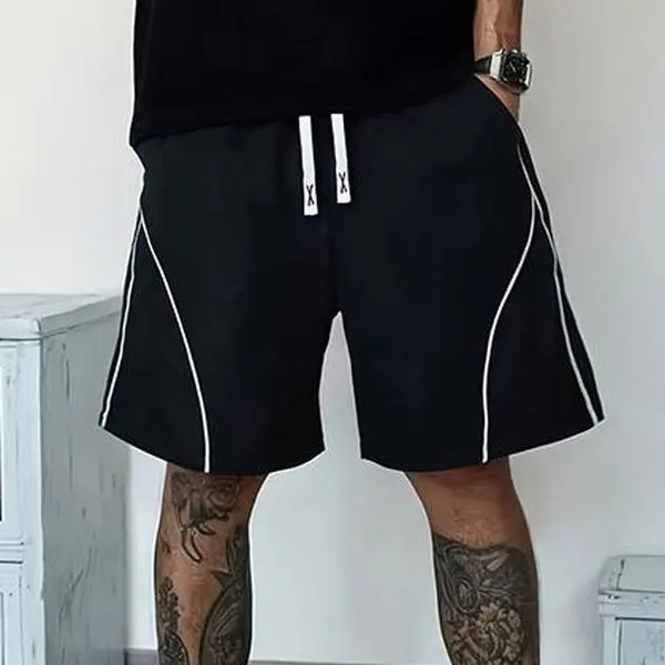 Men’s trendy printed summer shorts featuring a white line-paneled print design; made from comfortable, breathable 100% polyester fabric, suitable for outdoor sports and fitness.