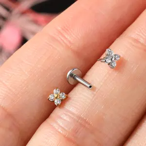 Oufer 16G Flower Threadless/Push Pin Flat Back CZ Flat Cartilage Stud Earring