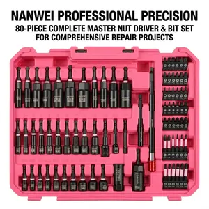 80 sets of magnetic impact nut wrench and screwdriver drill bit kits, SAE and metric magnetic hexagonal sleeve drill bit extension rod kits, with a pink hard storage box for chrome-molybdenum steel electric drill accessories