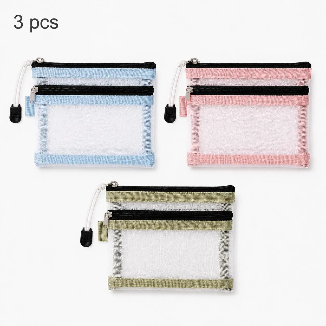 3 PCS Double Layer Transparent Mesh Storage Bag, Portable Zipper Pouch, Mini Organizer for Driver License, Passport, Household Register, Bank Cards, Coin, Key, Lipstick and Sundries, Multi-Purpose Daily & Travel Card Bag