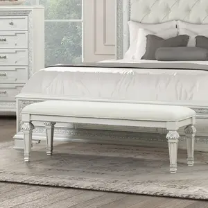 Metal Silver Finish Traditional Bench Ornated Round Knobs Diamond-button tufting adds a classic look, Creamy White On-Site