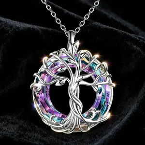 Purple Mystic Rainbow Tree of Life Circle Necklace