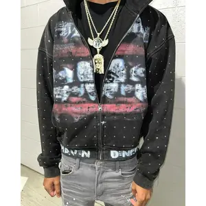 Streetwear Fashion Rhinestone Zip Up Sweatshirt Harajuku Lips Graphic Print Oversized Hoodie Goth Black Hooded Jacket Men Women Fashion Autumn New Fashion Halloween Today's Outfit Y2K