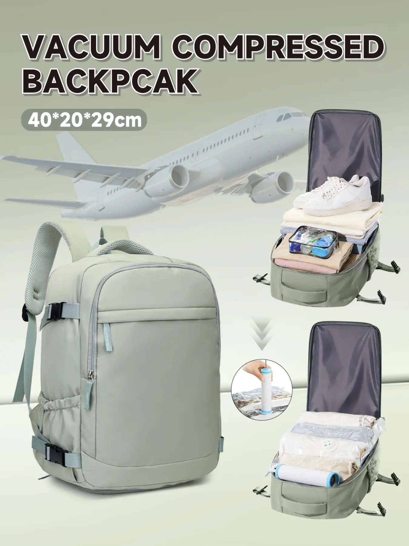 Wiz Air Cabin Bag 40*30*20Cm, Travel Organizer Set, Travel Essentials, Travel Luggage Vacuum Compression Backpack with Vacuum Pump Set, Carry-On Hand Luggage Backpack, Travel Lightweight Bag, Lightweight Travel Carrier, Travel Bags