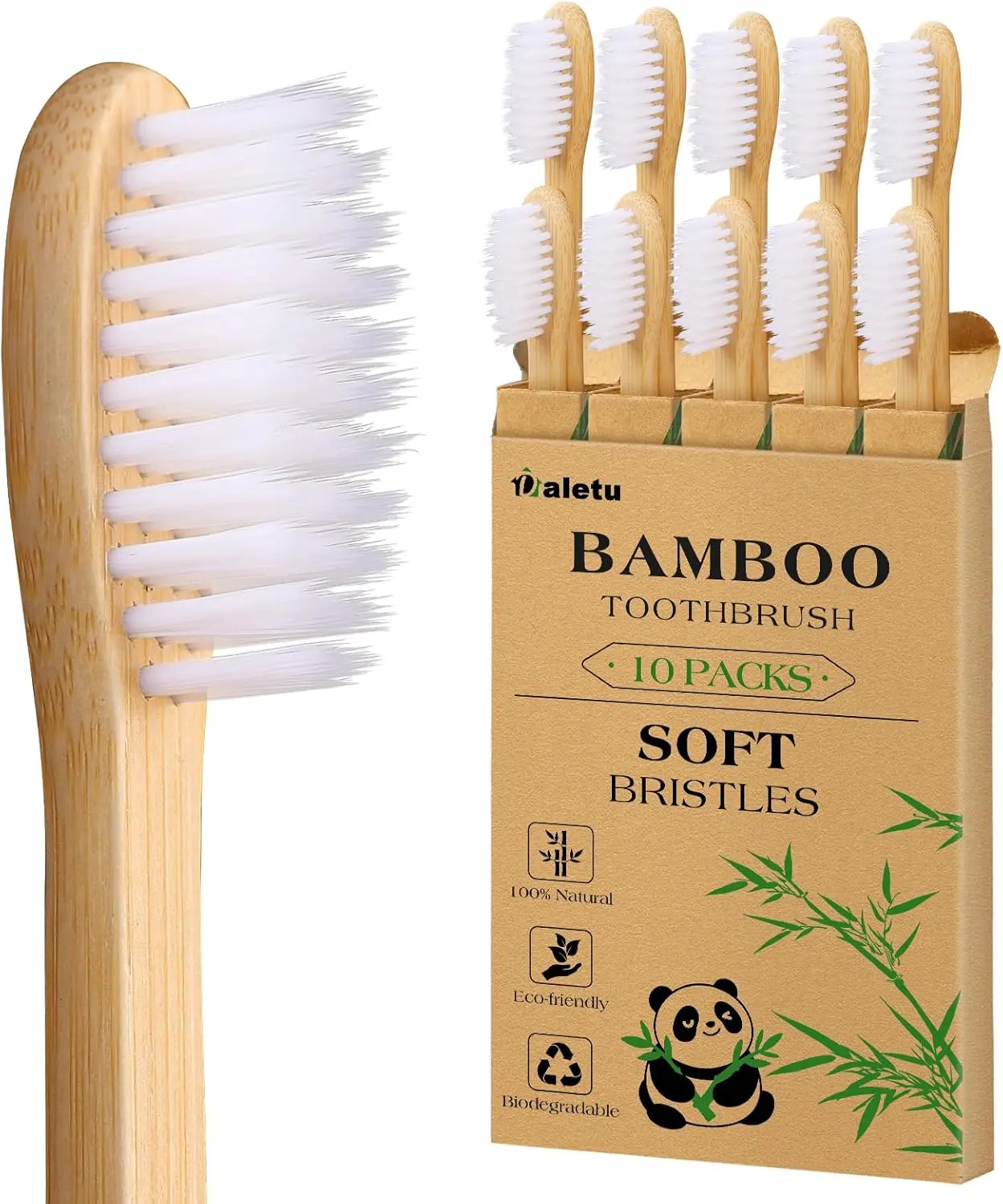 Daletu Bamboo Toothbrush Soft Bristle10-Pack, Biodegradable BPA Free Natural Toothbrush, Eco-Friendly, Wooden Organic Non-Plastic Travel Toothbrushes for Adults