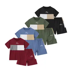 8-Piece #SummerVibes Boys' Spring/Summer Color-Blocked Patchwork Fashion Letter Print Short-Sleeve Shorts Set: Breathable and Comfortable Summer Casual Sportswear for Boys