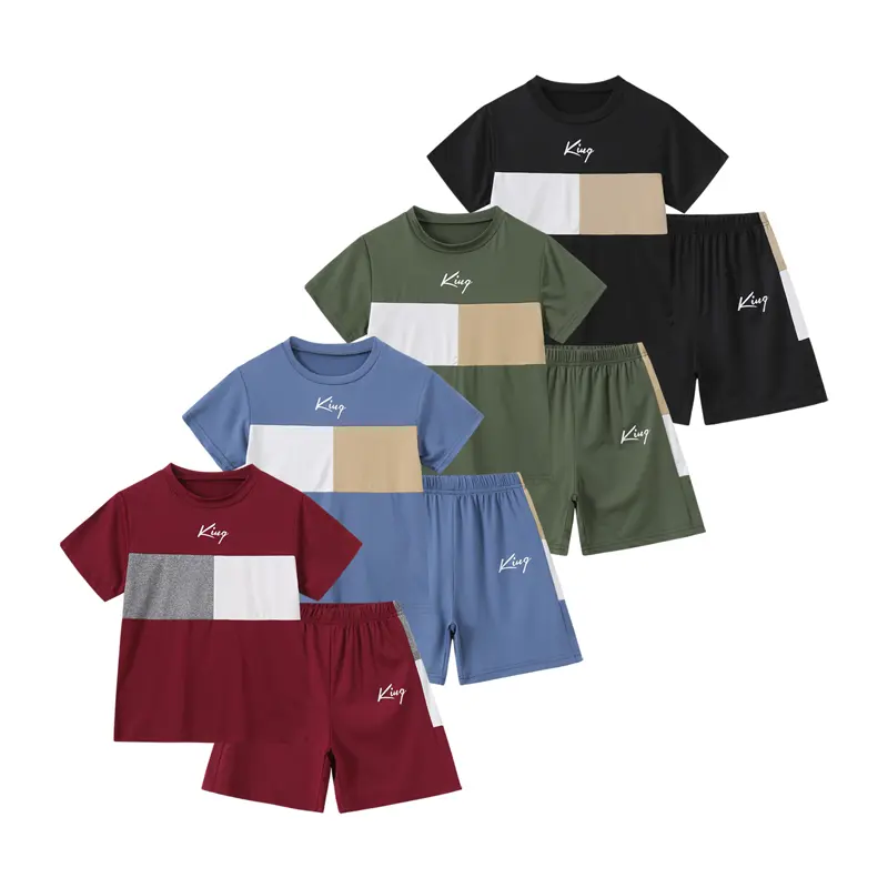 8-Piece #SummerVibes Boys' Spring/Summer Color-Blocked Patchwork Fashion Letter Print Short-Sleeve Shorts Set: Breathable and Comfortable Summer Casual Sportswear for Boys