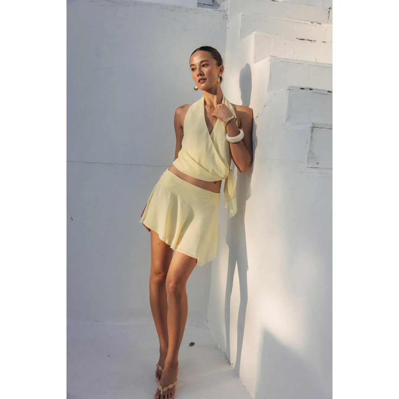 Women's Malani Asymmetrical Mini Skirt, Matching Polyester Halter Top Set, Bottom, Ruched, Asymmetrical Skirts, Wrap, Mini Length, And Top Set Skirts