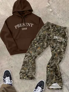 Men's 2-Piece Casual Classic Fashion Letter Print Sweatshirt and Leaf/branch Print Straight Leg Pants Set, Fall/winter