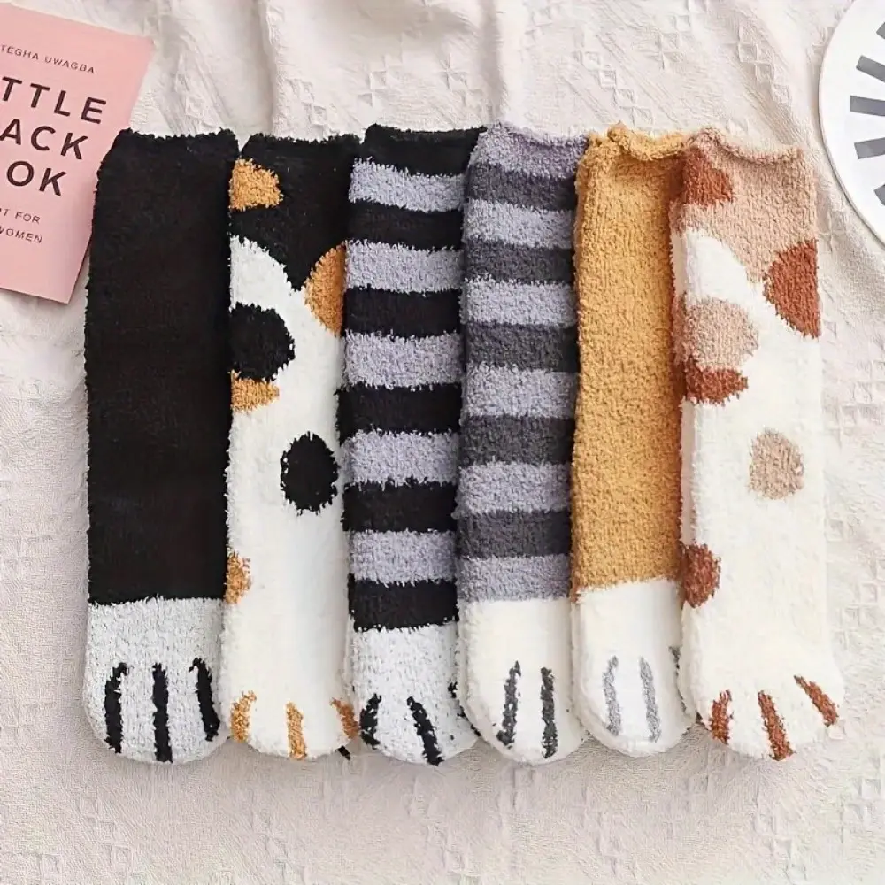 6 Pairs Women's Fuzzy Socks, Cute Cat Paw Print, Thick Thermal Fleece-Lined, Warm Comfortable Plush Slipper Socks for Winter, School & Home, US Size 5-9
